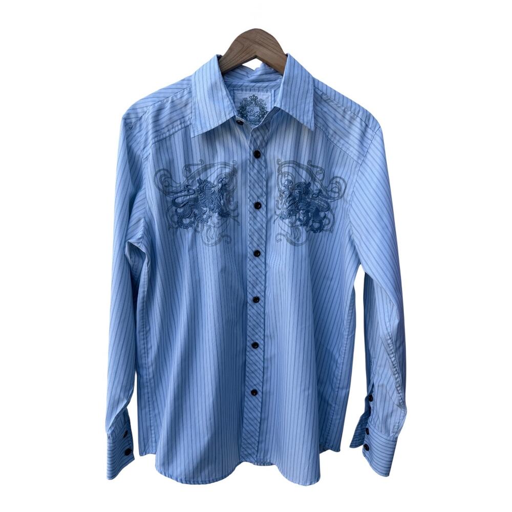 Cultura International Button Up Shirt Mens Large White Striped Graphic Shirt